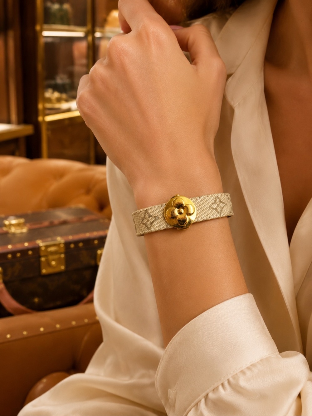 Louis Vuitton Monogram Canvas Bracelet with Gold Fleur Clasp